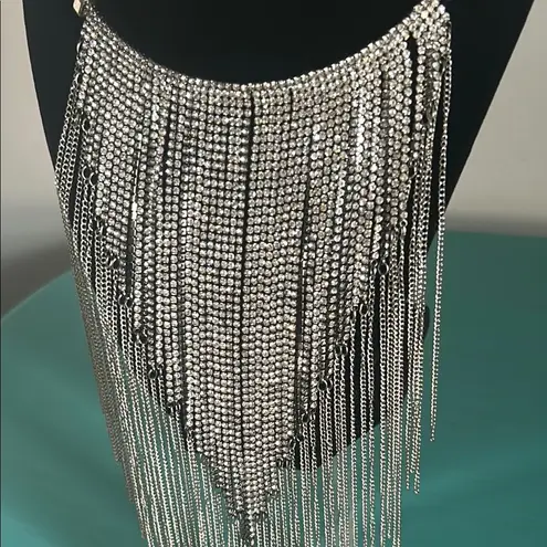 Stunning Statement Rhinestone Silver Tone Chain Fringe Bib Necklace