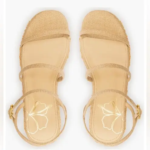 Larroude Gio flatform embroidered Sandals size 6.5 new w original box, dust bags Tan