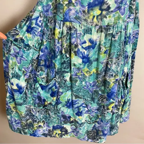Vintage 90s Babydoll Dress Sleeveless Relaxed Fit Pockets Blue Green Tropical Size L