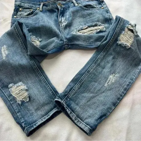 One Teaspoon  Light Wash Distressed Straight Leg Ankle Cotton Jeans Size …