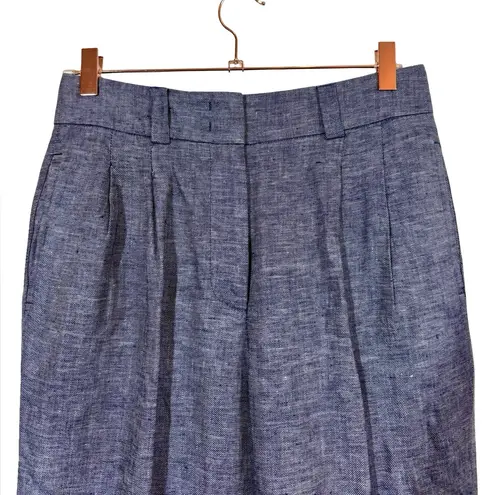 PESERICO Tailored 100% Linen Wide Leg Pleated Cuffed Trousers Blue Size 6