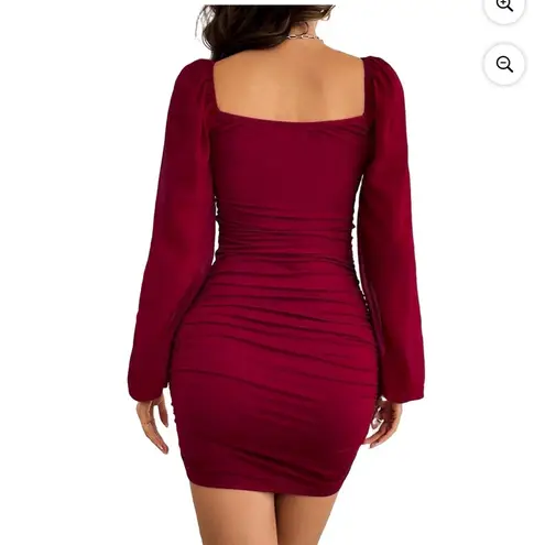 Myone Square Neck Mesh Long Sleeve Ruched Bodycon Cocktail Mini Dress Size Small Red