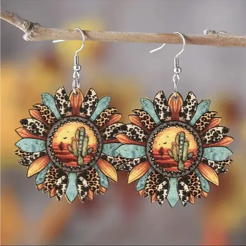 Sunflower shaped pendant drop‎ leopard pattern wooden hook earrings