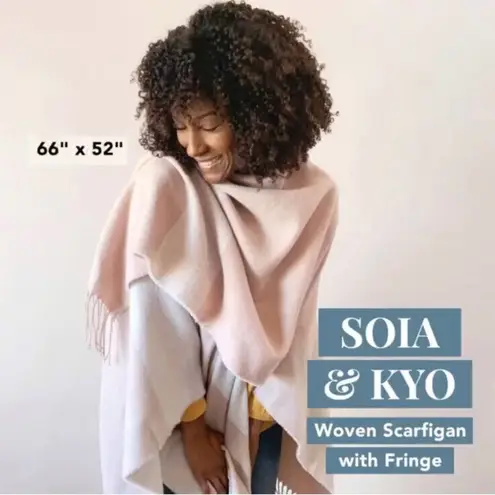 SOIA & KYO • Yadira Woven Scarfigan wrap shawl poncho scarf pink beige fringed