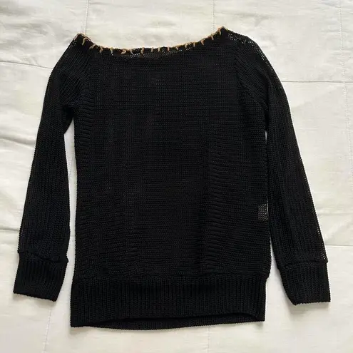 Black open knit off the shoulder sweater with tan blanket stitching Size XS