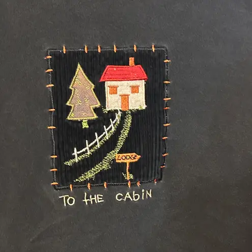 VTG 90s Y2K Onque Black Full Zip Jacket Embroidered Cabin & Fall Leaves Sz Large