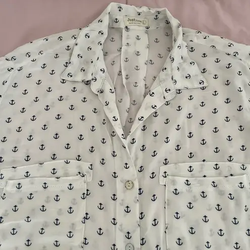Just living white anchor print button up roll tab sleeve shirt, size L marine
