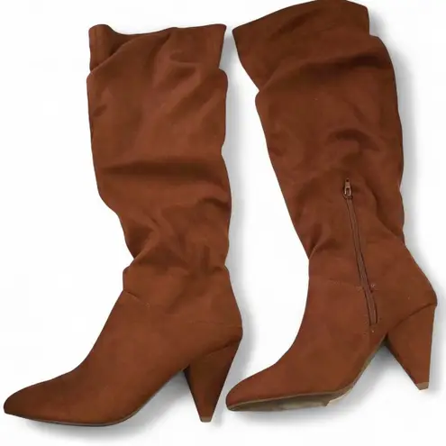 Express brown faux suede knee high boho slouchy ruched heeled cone heels boots Size 8 zipper closure #festival #stagecoach #hippie RN #55285 ID #13388 Like new, excellent condition thumbnail 2