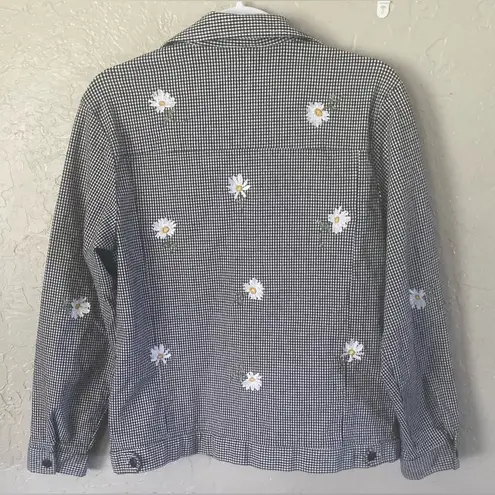 Quacker Factory Medium Gingham Jacket Black White Embroidered Daisy Button Up