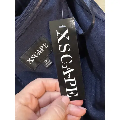 XScape Navy ROSETTE Off the Shoulder RUFFLE Sleeve RUCHED Waist GOWN Size 4