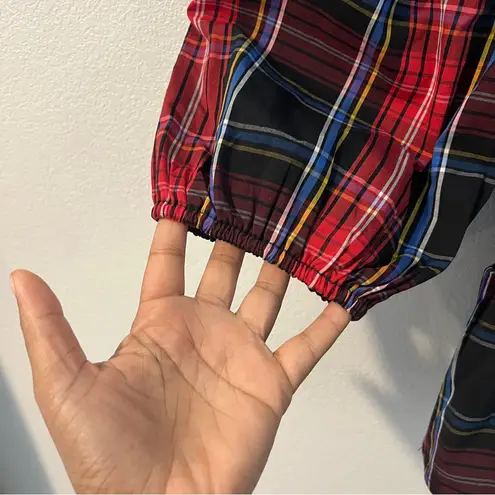 Draper James Smocked Red & Black Plaid Puff Sleeve Peplum Blouse NWT Size XS