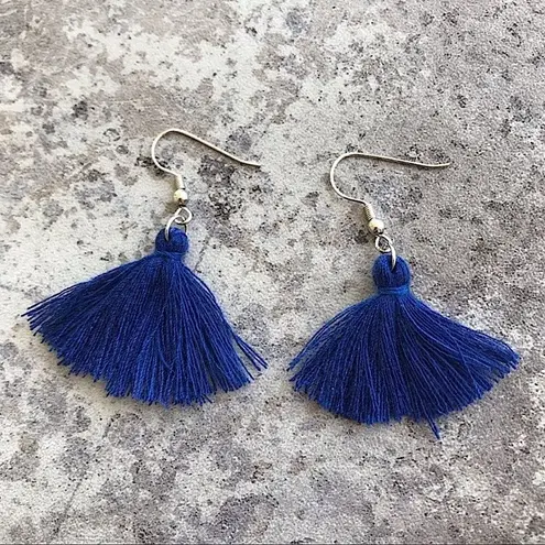 Handmade Tassel Earrings Silver Navy Blue Boho Festival USA Feminine