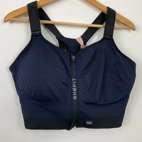 SHEFIT 6Luxe Low Impact Navy Blue Sports Bra Adjustable Zip Front Activewear Size 48 F / DDD