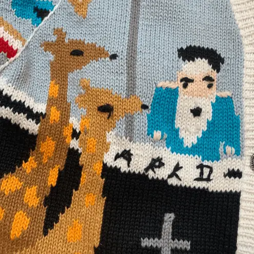 Vintage Noahs Ark Cardigan Sweater Linen Cotton Colorful Animal Print 90s Small Blue