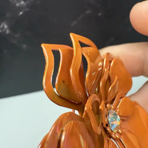Retro Orange Enamel Metal Flower Brooch Pin AB Aurora Borealis Rhinestone