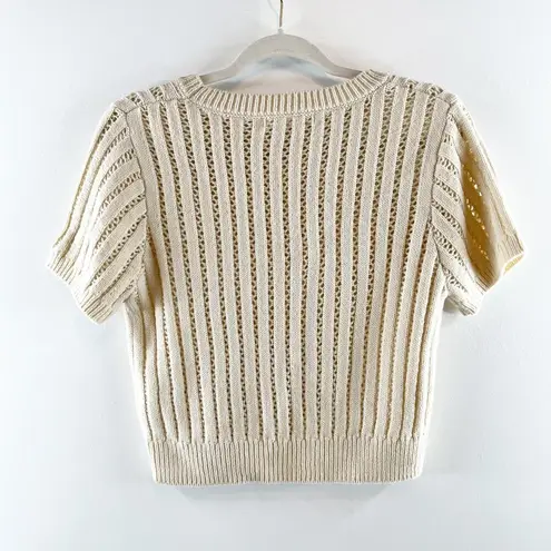 Elodie  Short Sleeve Crochet Knit Cropped Sweater Tee Shirt Tan Beige Small