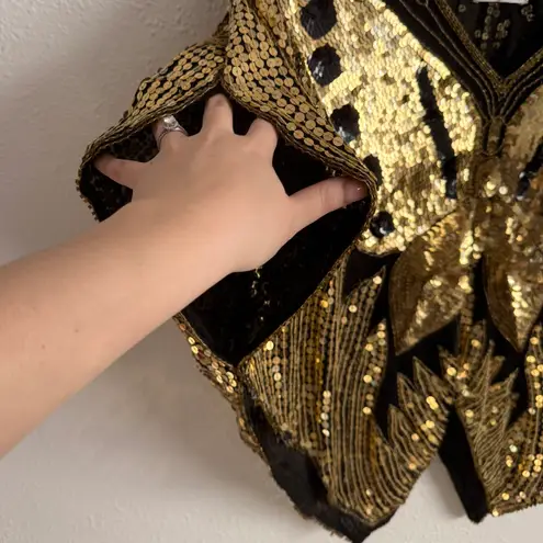 Vintage 70s Gold Black Silk Sequin Beaded Butterfly Boho Disco V Neck Drape Top