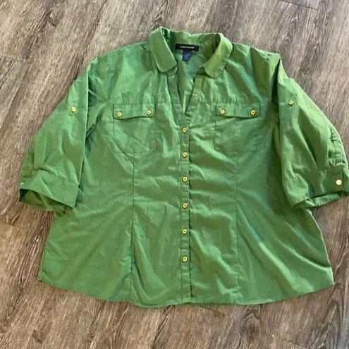 Ashley Stewart Shirt Women Plus Size 26 Green Button Down Pockets 3/4 Sleeve