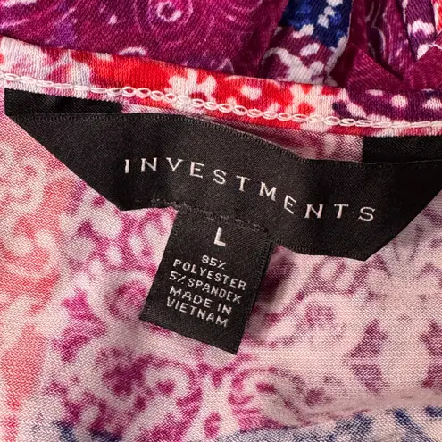 Investments Large Top Abstract Stretch 3/4 Keyhole Sleeves Round Neck Multicolor