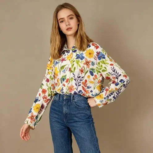 NWOT Ali Miles PLUS Knit Floral Point Collar 3/4 Bell Sleeve Button