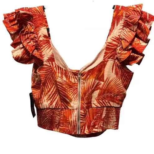 INC Womens Summer Palm Print Ruffled Crop Top With Back Zipper Size M Red Size M