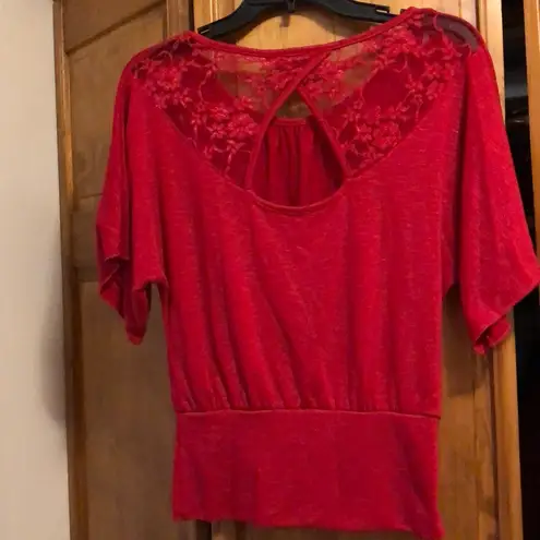 BCX Red Sparkly Lace Flutter Sleeve Shirt Small