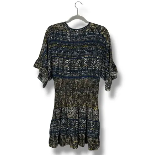 IRO Dress 36 Tulsa Printed Silk Tiered Mini Snake Print Smocked Ruffle Green