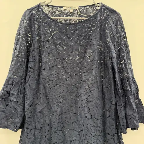 Elizabeth and James RTR Glorietta Navy Blue Lace 3/4 Bell Sleeve Mini Dress