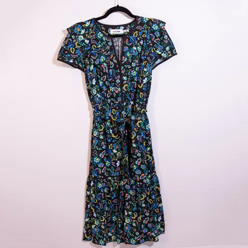 Cefinn Nessa Cotton Poplin Belted V Neck Ruffle Sleeve Midi Dress Black Floral 8