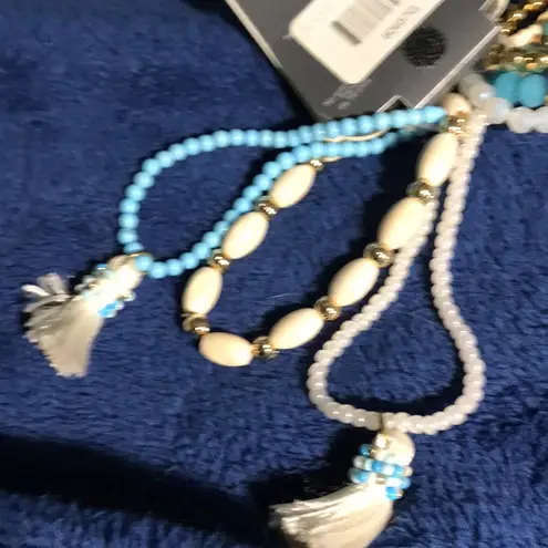 7 Pack Bracelets Blue/White/Gold Beaded Crystals Fringed NWT Blue