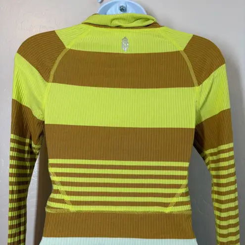 Striped Ribbed Pullover Crop Top Mustard Yellow Funnel Neck Long Sleeve Size XS