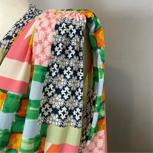 Fate Blouse Patchwork Print Tie Neck Size Large Rayon Sleeveless Padded Shoulder Green