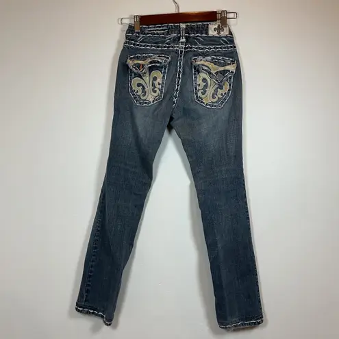 Laguna Beach Jean Co Womens Bootcut Jeans Embellished Fleur de Lis Pockets Sz 25 Blue
