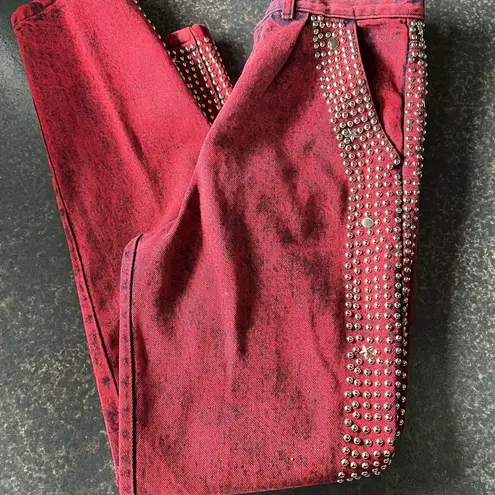 Vtg 80s Red/Black Acid Wash Jeans Womens High Waisted Embellished 7/8 USA NFR Red