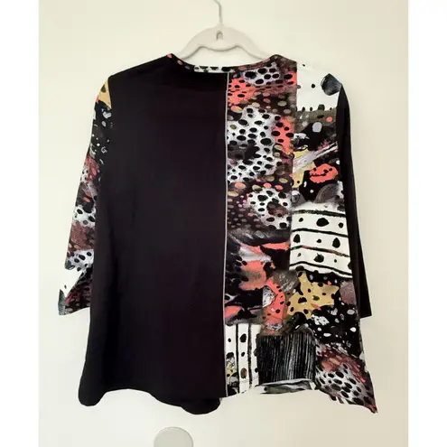 Ali Miles Black Colorblock Abstract 3/4 Sleeve Tunic Top Modern Chic Sz PM