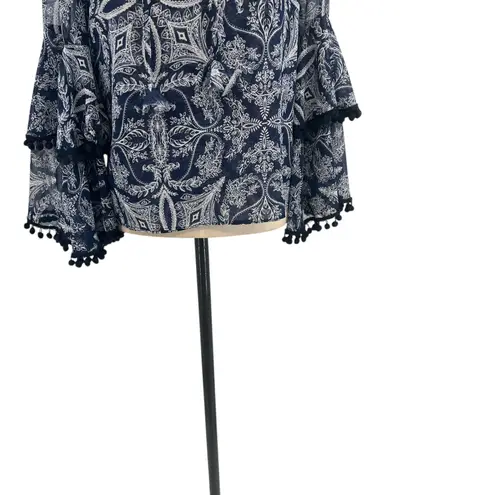 MISA Los Angeles Maya Bell-Sleeve Top Paisley Pom Trim Navy Blue Size XS