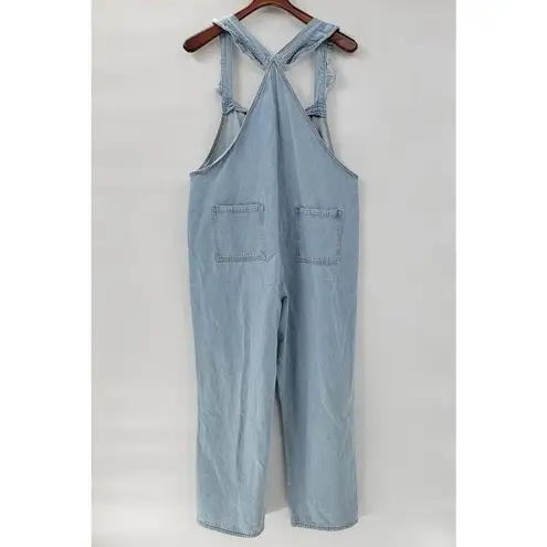 Polagram Overall Button Up Denim Jumpsuit Womens L Blue Light Wash Ruffle Straps