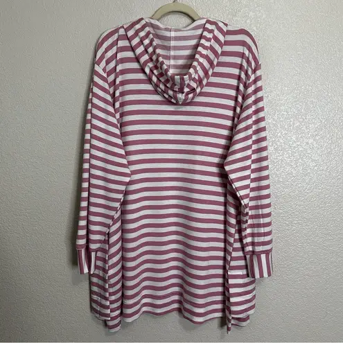 Jane and Delancey  Pink and White Striped V-neck Hoodie Tunic Sweatshirt, Size 1X