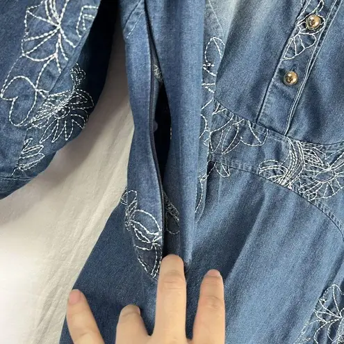 Korean Brand Embroidery Womens Slim Fit Denim Skirts Jean Dress Long Sleeve Sz L Blue Size M