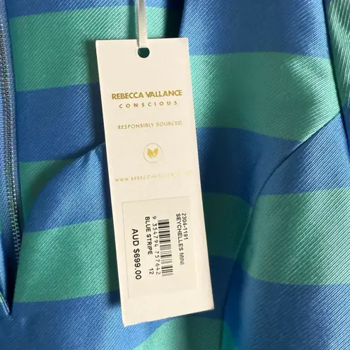 Rebecca Vallance Seychelles Blue Stripe Puff Sleeve Belted Mini Dress Size 8