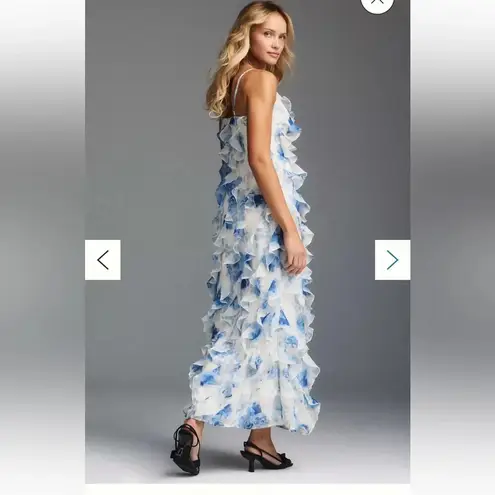 BHLDN NWOT Anthropologie Jia Printed Bias-Cut Ruffled V-Neck Gown Maxi Blue Sz 2