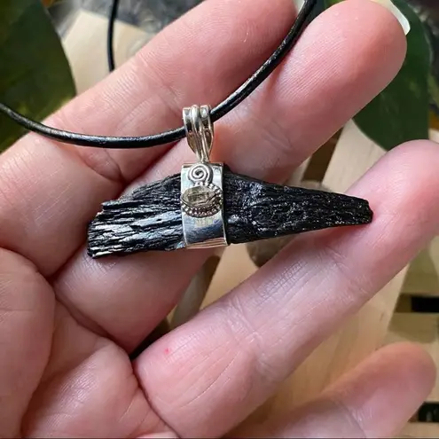 Handmade Black Kyanite & Herkimer Diamond Solid Sterling Silver Pendant Necklace