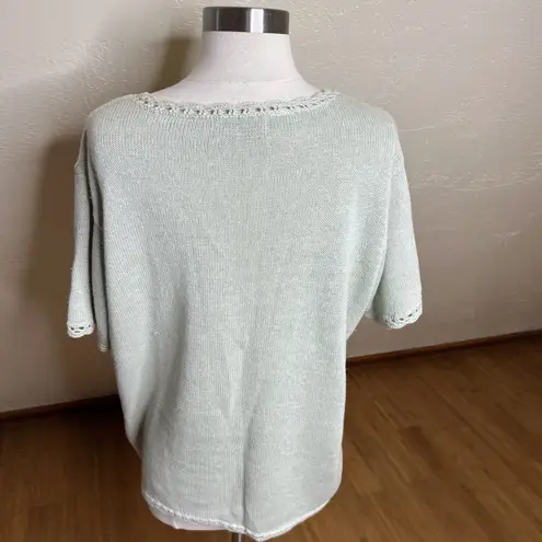 Vintage Short Sleeve Sweater Womens Large Mint Green Floral Crochet Patchwork