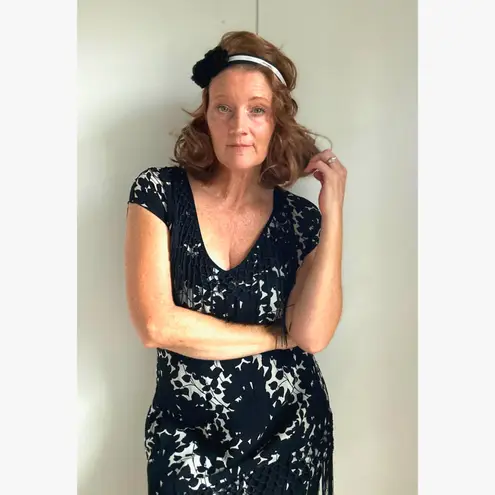 Vtg Y2K 90s Dress Size Medium Black Floral Print Fringe Witchy Whimsy Goth