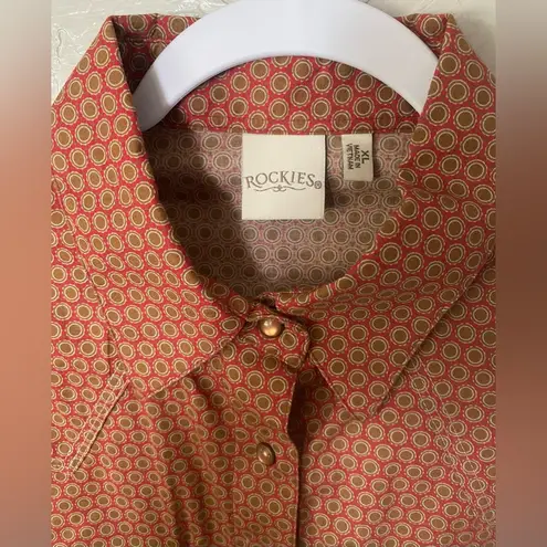 Rockies Maroon Brown Geo Print Pearl Snap Long Sleeve Western Shirt Womens XL