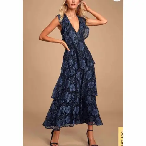 Lulus Molinetto Navy Blue Lace Ruffled Tiered Sleeveless
Maxi Dress Small