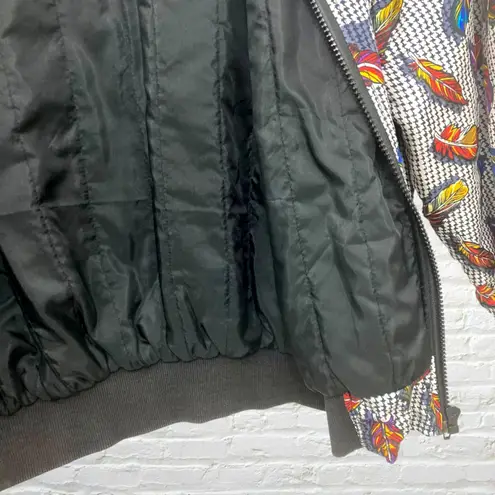 Carol Horn Vintage 100% Silk Feather Print Bomber Jacket M Retro Artwear Black Size M