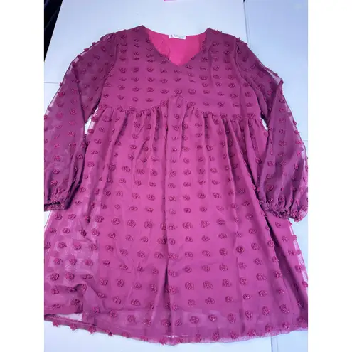 ABYOXI Burgundy Pom Pom Swiss Dot Babydoll Mini Dress Long Sleeve Medium Red