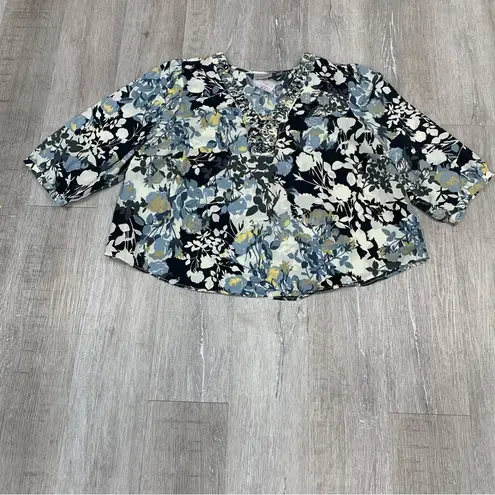 Avenue Blue Black Relaxed Ruffled V-Neck Tunic. Size 30/32