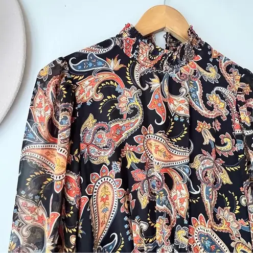Julia Jordan Paisley Long Sleeve Midi Dress - Black Multi boho sheer SIZE 2